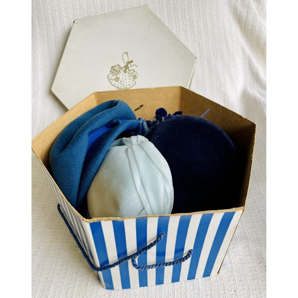 ✨ 3 GORGEOUS VINTAGE CUSTOM MADE Women’s Hats & Hat Box c. 1940 | Blue ✨